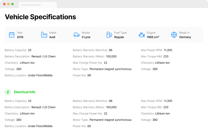 Vehicle specifications screen shot